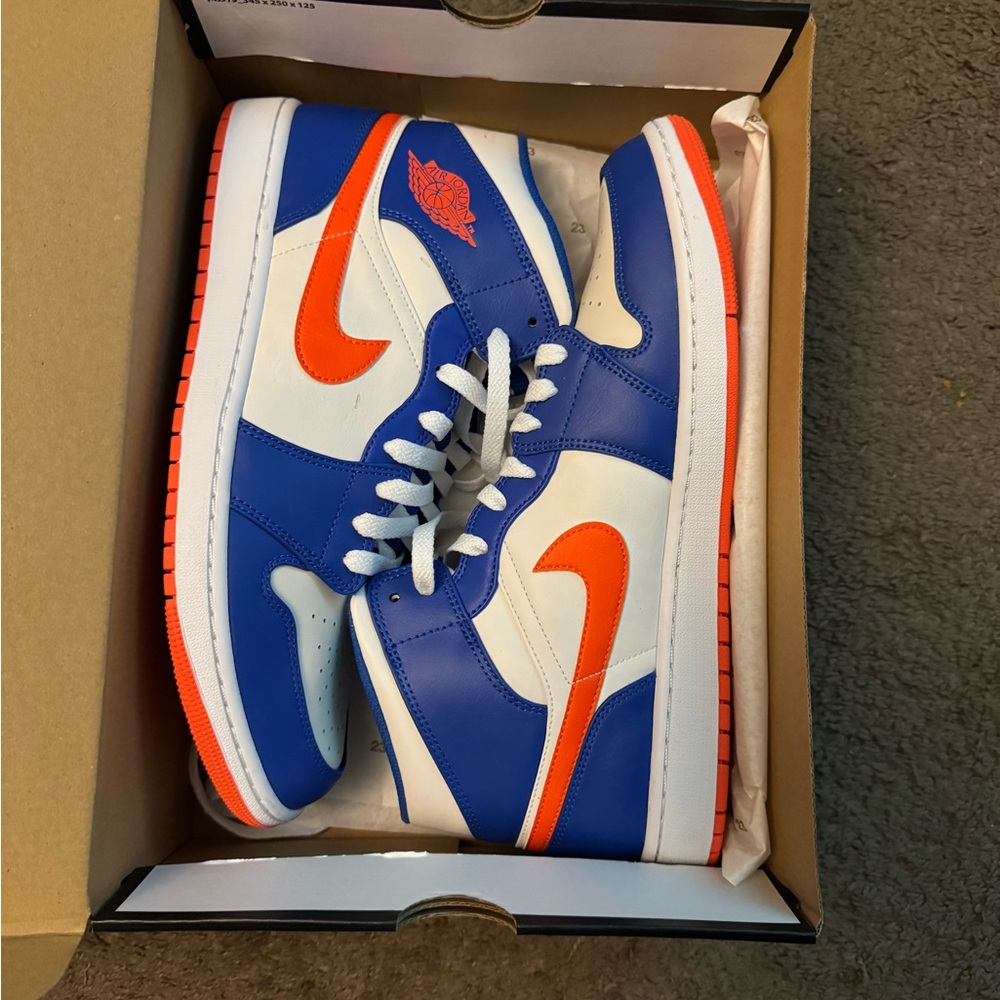 Jordan 1 Mid Orange White and Blue. Cavs and Knicks colors